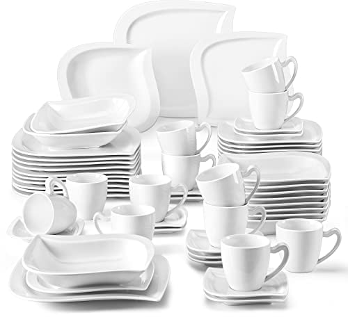MALACASA Dinner Sets,60-Piece Plates and Bowls Set with 12-Piece Porcelain Dessert Plates/Soup Plates/Flat Plates/Cups and Saucers,Plates Set for 12,Cream White,Series Elvira