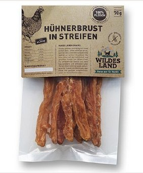 Wildes Land - Hühnerbrust in Streifen - 70 g - Extra viel Fleisch (93%) - Getreide- und glutenfrei - Unter 4% Fett - Für Hunde und Katzen