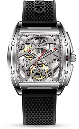 CIGA Design Reloj Automático para Hombre - Z Series Relojes Mecánicos de Pulsera Tipo Esqueleto y Estilo Tonneau, Cristal de Zafiro, Correa de Silicona(Negro)