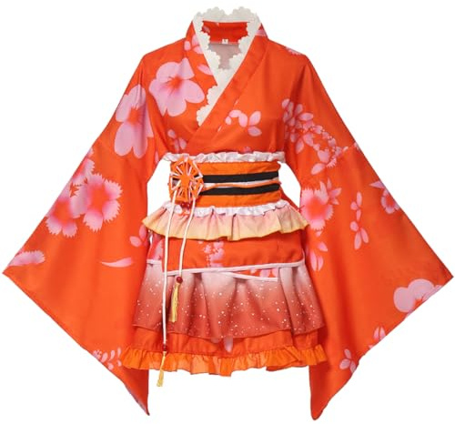 GRACEART Japanese Kimono Anime Cosplay Costume Halloween Fancy Dress Cherry Blossoms Pattern Robe with Frill Skirt for Girls and Women