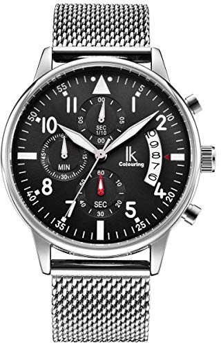 Alienwork Orologio Uomo Donna argento Cinturino in Maglia Metallo Calendario Data nero