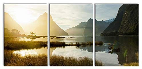 Pixxprint Milford Sound Neuseeland als XXL Leinwandbild in Übergröße 210x100cm Gesamtmaß 3 teilig, Wandbild, Kunstdruck