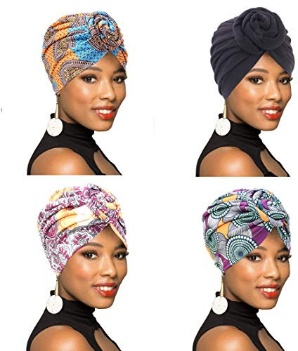 1 Pack/2 Packs/4 Packungen Damen-Turban mit afrikanischem Muster, Knoten, Kopfbedeckung, vorgebundene Haube, Chemo-Kappe, Haarausfall-Mütze, A-4 Packungen, Orange + Grün + Schwarz + Pink,