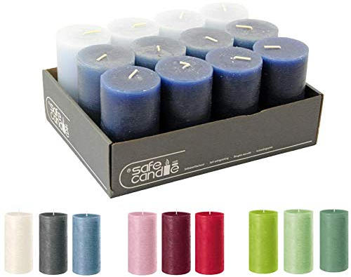 Rustikale Stumpenkerzen – 12 Stück - Wachskerzen/Rustickerzen/Adventskerzen Weihnachten (Blau-Mix, Standard: Höhe 11cm / Ø 6cm)