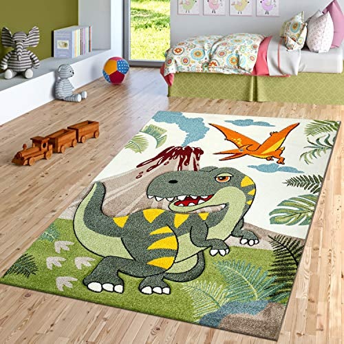 TT Home Kinderzimmer Kurzflor Teppich Dinosaurier Motiv Konturenschnitt Grün Modern, Größe:200x290 cm