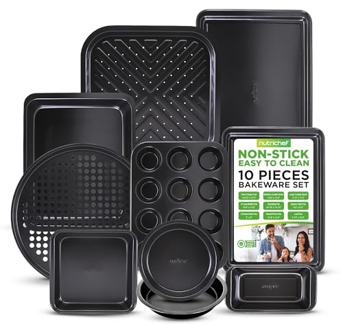 Nutrichef Backform Set 10-Teilig Antihaftbeschichtet, inkl. Springform, Kuchenform, Pizzablech, Muffin, Torten, Brot, & Co. Spülmaschinengeeignet & Stapelbar, Backset für den Backofen, Schwarz