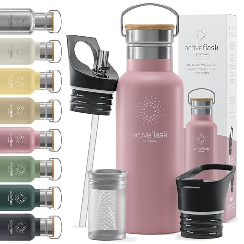 Stainless Steel Water Bottle with Straw, Infuser & 3 Lids: 1 & 0,5L Leak-Proof Vacuum Insulated ACTIVE FLASK Drinking Bottles Hot Cold: Double Walled Outdoor Drink Thermo Mug Tea Coffee Sport Gym Bike