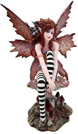 Ebros Gift Amy Brown Dekofigur mit roten Haaren, verzauberter Wald, Herbstfee, sitzend auf riesigem Fliegenpilz, 15,9 cm hoch, Fantasie-Fee, Garten, magische Sammlerstück Statue Feen Pixies Nymphen
