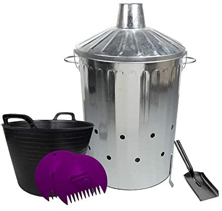 simpaoutdoor Large Galvanised Locking Lid Incinerator Bin 90 Litre, Mini Shovel, 42L Flexi Tub and Plastic Leaf Grabber Set.