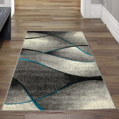 Teppich-Traum moderner Wohnzimmer Teppich Wellen Design in blau grau anthrazit - pflegeleicht & strapazierfähig (Ökotex) Größe 80x150 cm