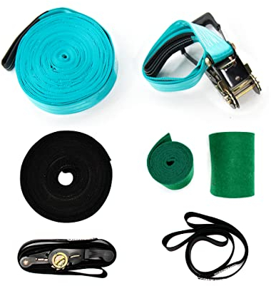 Slackline Gurte, 15 m, Lern-Set – 2 Slacklinen, 2 Ratschen, Gurt, Baumschutz und Aufbewahrungstasche für Anfänger oder Modellbau – Frankreich Trampolin