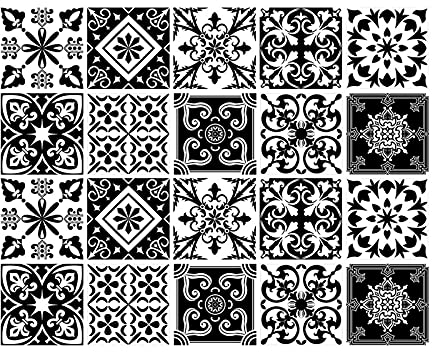 Fliesenaufkleber, 10 cm x 10 cm, für Küche, viktorianischer marokkanischer Stil, selbstklebend, Wanddekoration, Schwarz und Weiß, 20 Stück