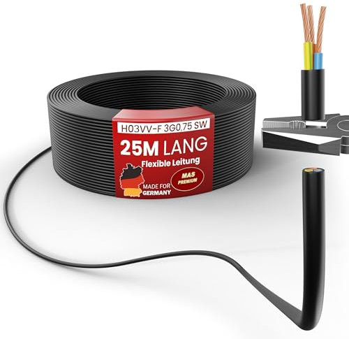 MAS Premium Von 5 bis 100m Kunststoffschlauchleitung H03VV-F 3G0,75 Schwarz oder Weiß Flexible Leitung Kabel Leitung Gerätekabel (Schwarz, 25m)