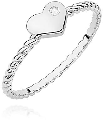 MARKO Weißgold Damenring aus gedrehtem Gold mit Herz und 0,03 Karat Diamant, 14 Karat Gold (585) | Goldring mit Box | Goldring für Frauen (Weißgold, 61 (19.5))