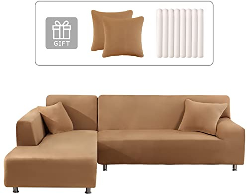Lydevo Sofabezug Ecksofa L Form Sofa Überwürfe Stretch Sofabezug L Form Rechts oder Links mit Zwei Kissenbezügen Waschbar Universal-Couchbezug L Form Sofa Cover L Shape(1 Sitzer+2 Sitzer,Kamel)