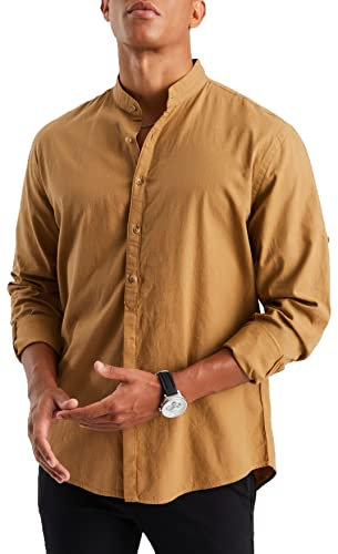 Leif Nelson Chemise en lin à manches courtes pour homme Tshirt d'été Col montant 100 % coton Coupe ajustée Manches courtes Pour garçon Basique Manches longues Loisirs LN3860 camel M