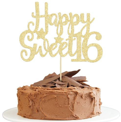 Gyufise 1Pc Happy Sweet 16 Cake Topper Gold Glitter 16th Birthday Cake Topper Sweet 16 Decorations 16th Birthday Decorations