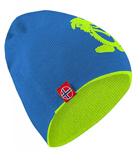 Trollkids Kinder Wollmütze Troll (lang), Vivid-Blau/Limegrün, Größe 2-5 Years; 48-52cm
