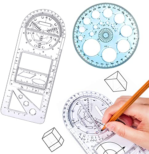 Simpolor Multifunktionales Geometrisches Lineal, 2 Stück Geometrische Zeichenschablone Messwerkzeug Mathematik-Zeichenlineal, Entwurfslineale für Schüler, Schulbürobedarf und Baubedarf, Klar + Blau