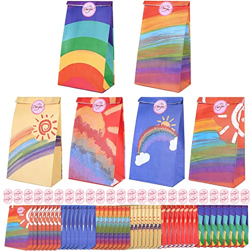 Romon Papiertüten Kindergeburtstag, 48 Stück Kleine Bunt Geschenktüten mit 48 Aufkleber, Regenbogen Kraftpapier Tüten für Verpacken von Geschenken, Giveaways,Party, Feiern,Hochzeit