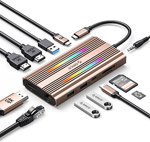 USB Docking Station, USB C Hub ORICO 12 en 1 con HDMI 4K Dual, DP 4K@60Hz, PD 100W, Ethernet, 3 USB 3.0, SD/TF, 3,5mm Audio, 14 Modos de iluminación RGB, Compatible con Windows/Mac OS