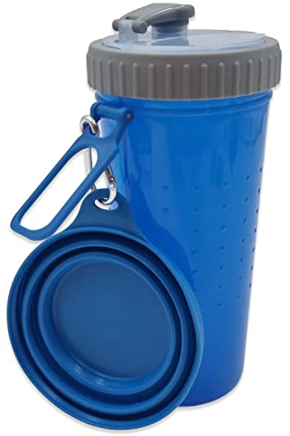 Kuvias 2-in1 Dog Water Bottle and Food Storage Container – 2x 360ml Multi-Functional & Portable Puppy Dog Cat Water Food Bottle Dual Compartment Feeder & Drinker Pet Food Bottle with Collapsible Bowl