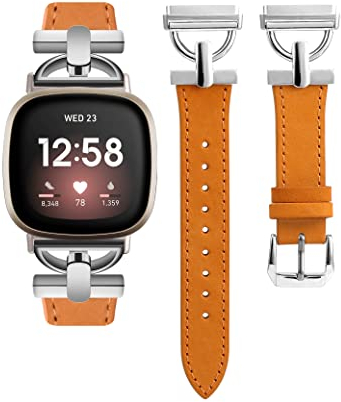 Wearlizer Lederarmband Kompatibel mit Fitbit Sense Armbänder/Versa 3/Versa 4/Sense 2 Armbänder Damen, Dressy Lederband mit D-Shape Metallschnalle für Versa 3/Sense Smartwatch, Hellbraun/Silber