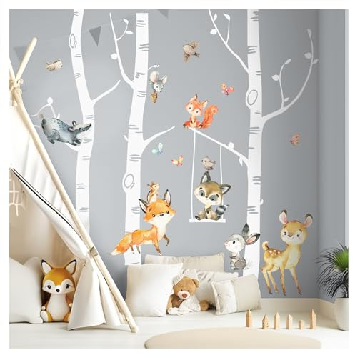DEKO KINDERZIMMER Wandsticker Groß Birkenstämme Set Wandtattoo Waldtiere Kinderzimmer Babyzimmer Wandaufkleber Fuchs REH Wanddeko DK1094-4