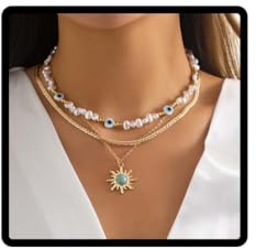 Clataly Sonnenblume Türkis Halskette Anhänger Gold Vintage Blume Flache Pailletten Halsketten Perle Auge Perlen Halskette Schmuck für Frauen und Mädchen (Goldkette B)