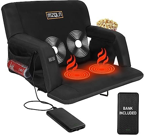 Heated Massage Reclining Stadium Seat, 25 Inch Bleacher Chair with 10000mAh Portable Bank, 6 Reclining Positions for Camping, Games & Sports