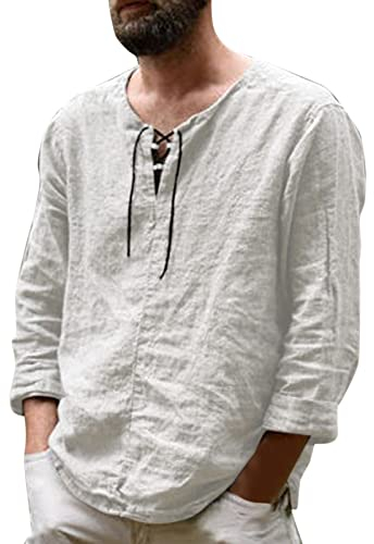 Herren Mittelalter Leinenhemd Sommer Herbst Hemden Langarm Retro-Kragen mit Schnürung, Männer Freizeithemd Casual Leinen Yoga Shirt Fisherman Sommerhemd