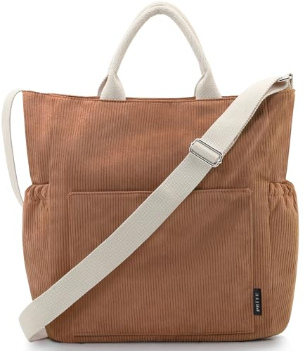 Prite Shopper Tasche Damen Groß Cordtaschen Tote Bag Cord Beuteltasche Stofftasche mit Verstellbarem Schultergurt für Arbeit Reisen Einkaufen Schule College