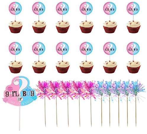 VIKY 23 Stück Baby Gender Reveal Party Deko,Kuchendeko Geburtstag,Boy or Girl Gender Reveal Deko,Baby Party Dekoration Kuchenfahnen,Geschlechtsverkündung Baby und Cupcake Topper,Bunte Tortendeko Taufe