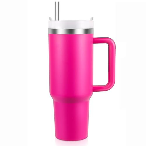 BELYQLY Vaso de 40 onzas con pajilla de asa, vaso aislado al vacío de acero inoxidable y tapa para agua, té helado o café, batidos y más, nueva versión (rosa)