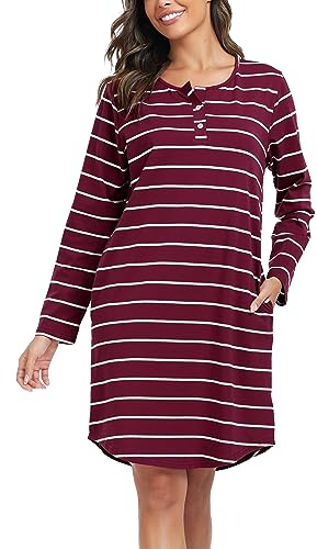 Lovasy Nighties for Women Cotton Nightdresses for Women UK Stripe Long Sleeve Ladies Cotton Nighties Soft Night Dress & Nightshirts with Pockets,Wine Red,L