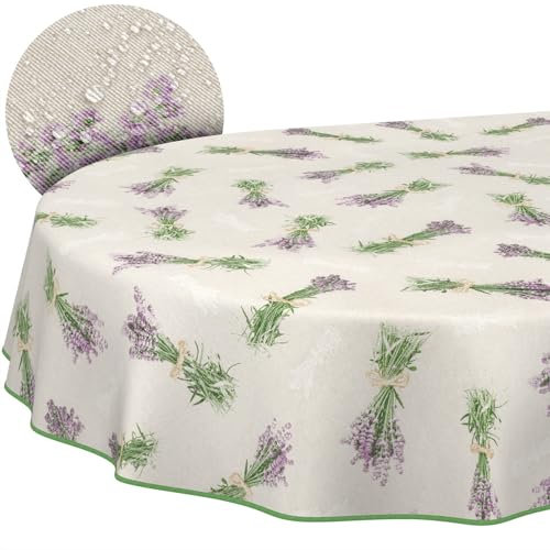 Tischdecke aus Stoff Textil abwaschbar Tischwäsche Tischtuch Baumwolle Polyester Lavendel Beige Oval 160x140cm In-/Outdoor Tischdecke