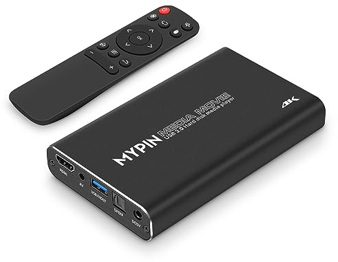 Lecteur multimédia 4K HD, sortie MYPIN HDMI/AV/coaxial pour MP4 MP3 MKV avec télécommande, lecture de vidéos et de photos avec lecteur USB 3.0/carte SD/disque dur/périphérique externe, prise en charge