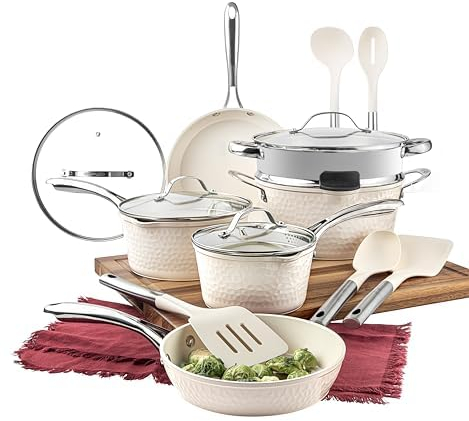 GOTHAM STEEL Set di pentole e padelle martellate da 15 pezzi Set di pentole antiaderenti, Set di pentole e padelle, Set di pentole da cucina, Set di pentole in ceramica non tossica, Bianco crema