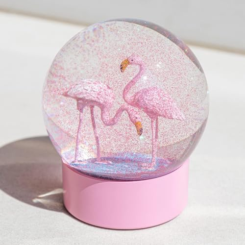 HJANDHJ Pinke Flamingo-Schneekugel für Mädchen, Glitzer-Glas-Schneekugeln für Kinder, 100 mm, rosa Flamingos, Weihnachts-Schneekugel, Aussaatkugeln, Heimbüro, Tischdekoration, Geburtstag,
