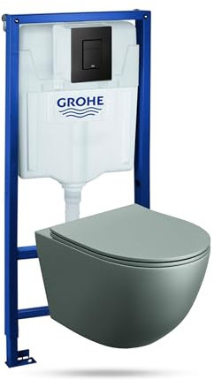 Lavita Vorwandelement Solido + Wand Hänge WC Sinto Grau Spülrandlos+ WC Sitz mit Absenkautomatik Schwarzer Knopf Komplettset Unterputz Spülkasten Toilette Komplett Sett WC