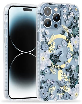 SCORPIFY for iPhone 15 Pro Case for Blue Nemophila Floral Design [Compatible with MagSafe], Cute Clear Flower Magnetic Phone Cover for Women Girls, Slim Bumper with Stylish Gold Accents