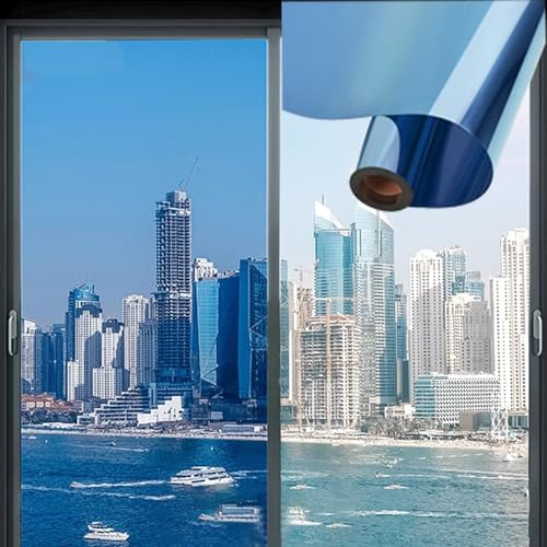 Vinilo Para Ventanas Efecto Espejo Cristal Unidireccional Lámina Protector Solar Privacidad, Película De Aislamiento Para Hogar Oficin,Espejo Para Ventanas, Lámina De Espejo Autoadhesiva ( Color : Blu