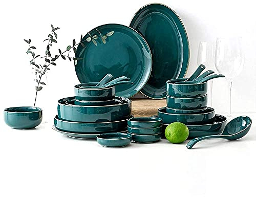 Juegos de Cena de cerámica clásicos, tazón/Plato/Cuchara | Juego de vajilla con diseño de Borde Dorado Verde, combinación de Porcelana de Estilo Minimalista nórdico