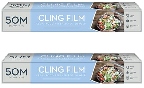 Cling Film, 50 Meter Roll, Clear, Microwave and Freezer Safe (Pack of 2)