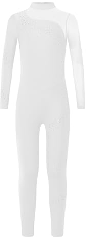Miutii Turnanzug Mädchen Langarm Gymnastikanzug Glitzer Ballettanzug Kinder Ganzkörper Trikot Eiskunstlauf Body Sport Overall Jumpsuit Weiß 146-152