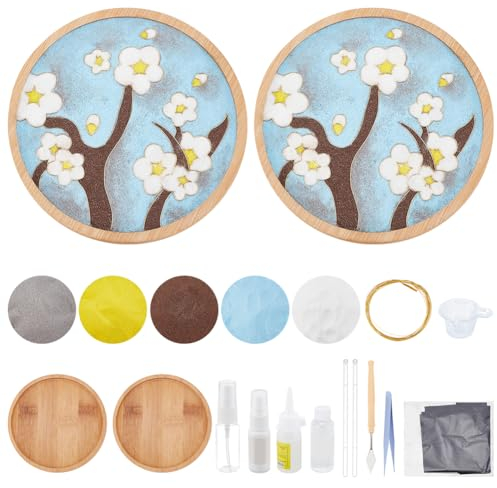 WEBEEDY 2 Sets Filigrane Emaille Untersetzer DIY Kit Kunsthandwerk,Holzblumen-DIY-Untersetzer Für Anfänger Mit Anleitung,Untersetzer Für Basteln Leere Basis Tabletts,Handmade Wohnaccessoires Geschenke
