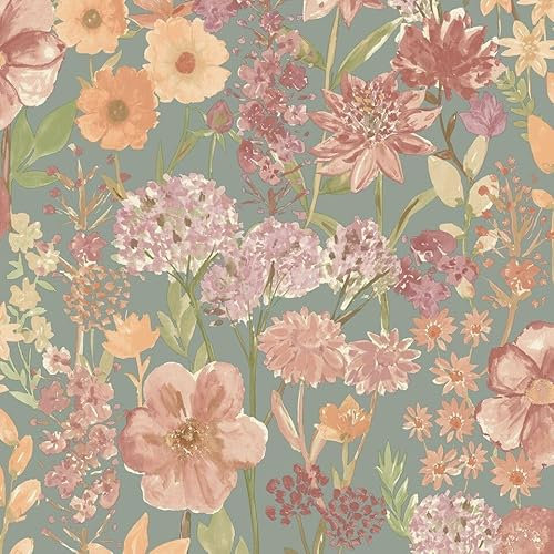SOPHIE LAURENCE Wildflowers Blue Wallpaper - Vibrant Pink & Purple Floral Print, Washable, Paste The Paper, Blue Modern Floral Design, 0.53m x 10.05m Roll, Perfect for Any Room, Wet Removable