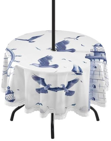 JUMBEAR Waterproof Round Tablecloth with Umbrella Hole and Zipper,Outdoor Tablecloth Table Cover for Indoor & Outdoor Patio Garden Party and BBQ-Blue Retro Lighthouse