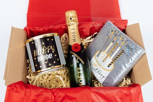 ooobox Geschenkset Happy Birthday [Champagner, Kuchen mit Kerzen] - Für Frauen & Männer | Geschenkidee zum Geburtstag | Perfekte Mitbringsel für Erwachsene