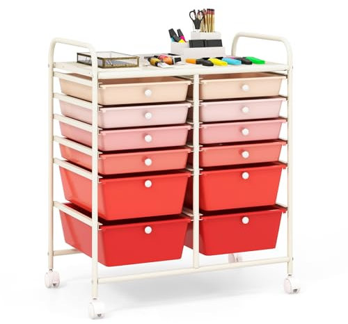 GiantexUK 4/6/12 Drawers Storage Trolley, Multipurpose Utility Rolling Cart on Wheels, Plastic Shelving Organizer Unit for Home Office Hairdressing Salon (Gradient Pink, 12 Drawers)